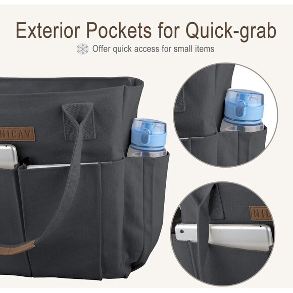 Women's Grey Tote Bags Large Utility Bags with Pockets Zip for Teacher Work - Picture 4 of 6